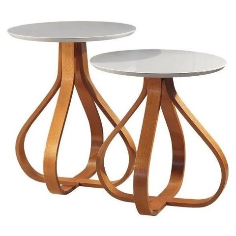 Mesa de Canto Pé Cebola 2 Mesas - Tampo Laqueado Branco com Vidro 50cm