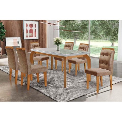Conjunto: Mesa Sala Jantar Londrina Tampo Madeirado c/ Vidro 180cm + 6 Cadeiras Imperatriz Imbuia/