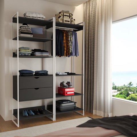 Guarda Roupa Aberto Industrial Casal 2 Módulos Preto Cabideiro com Gavetas Ferro Branco