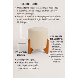 Puff Decorativo Redondo com Pés de Madeira Maciça Linho Piave - 4