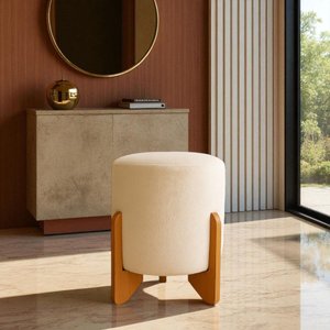 Puff Piave Decorativo Tecido Linho Banqueta Redondo Pés de Madeira Maciça