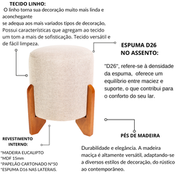 Puff Piave Decorativo Tecido Linho Banqueta Redondo Pés de Madeira Maciça - 5