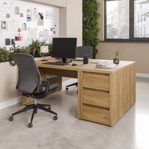 Conjunto Home Office 4 Peças 2 Mesas 2 Gaveteiros Ficus 6 Gavetas 170cm CabeCasa MadeiraOriginals Rovere