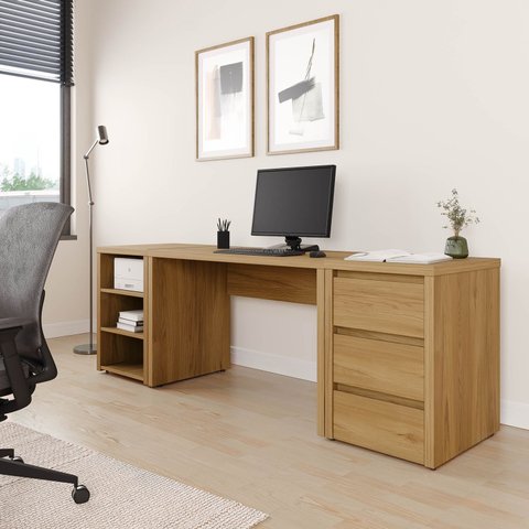 Escrivaninha Mesa Escritório com Gaveteiro e Nicho Ficus 3 Gavetas 220cm CabeCasa MadeiraOriginals Rovere