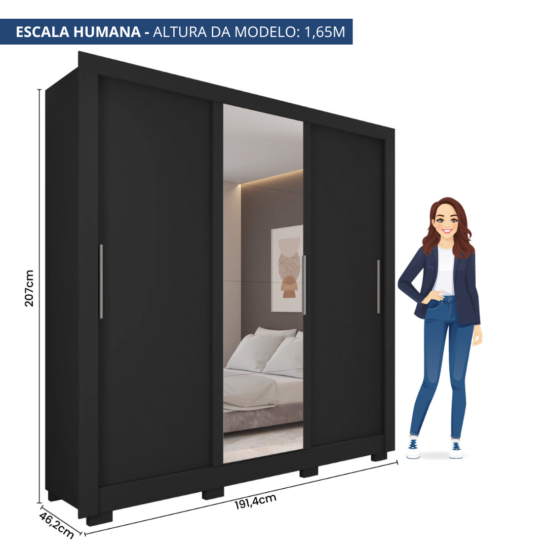Guarda Roupas Casal com Espelho 3 Portas 2 Gavetas com Pés e Quito Espresso Móveis - 4