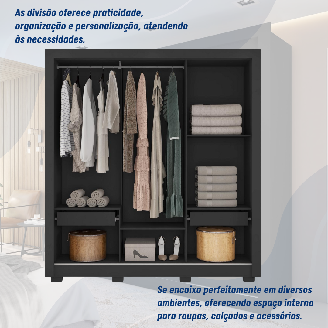 Guarda Roupas Casal com Espelho 3 Portas 2 Gavetas com Pés e Quito Espresso Móveis - 5
