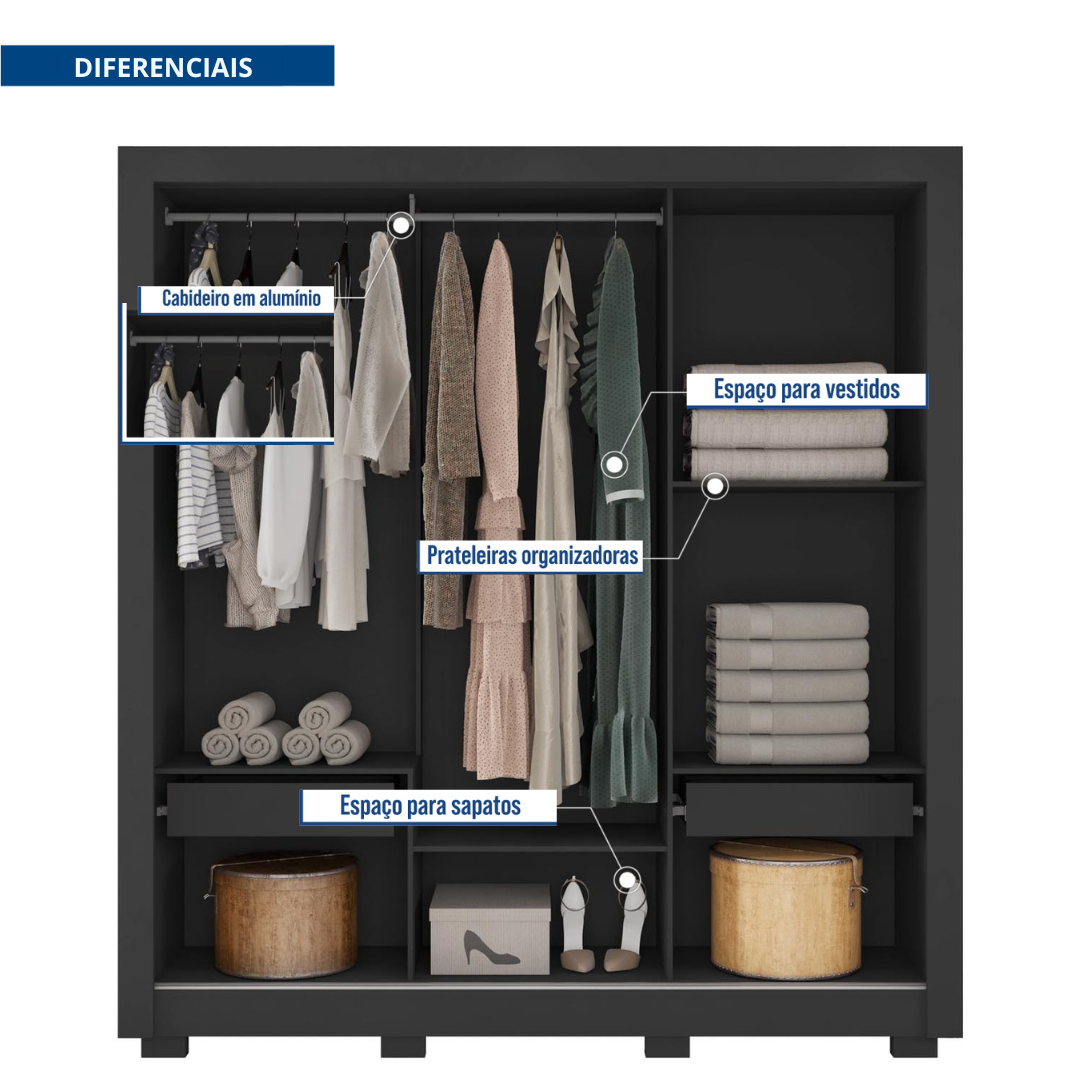 Guarda Roupas Casal com Espelho 3 Portas 2 Gavetas com Pés e Quito Espresso Móveis - 6
