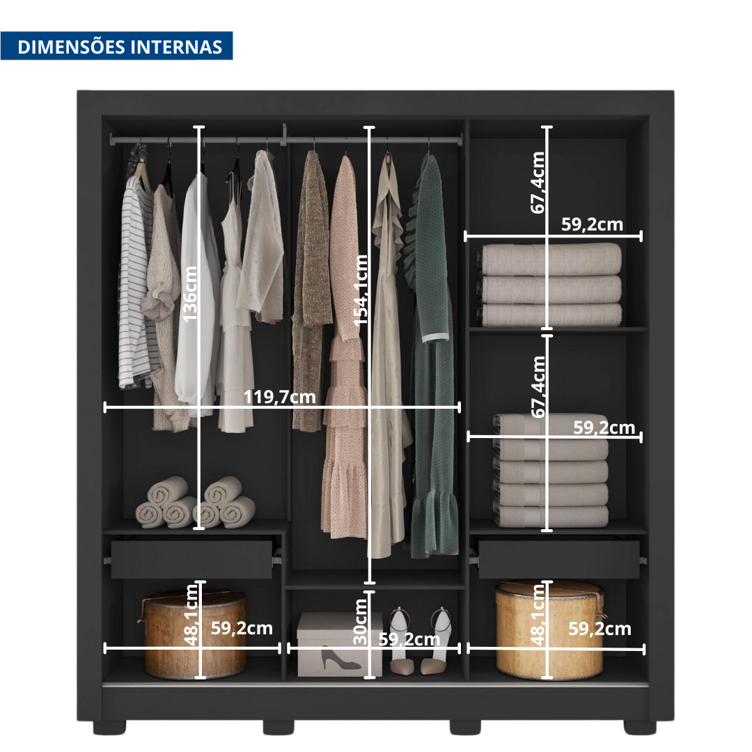 Guarda Roupas Casal com Espelho 3 Portas 2 Gavetas com Pés e Quito Espresso Móveis - 7