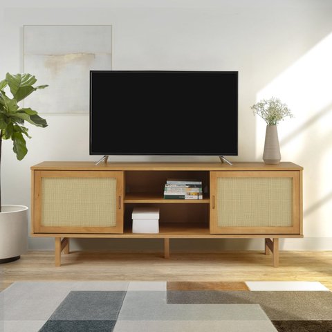 Rack para TV até 55 Polegadas Madeira Maciça Magna Porta Rattan 1,6m CabeCasa MadeiraOriginals