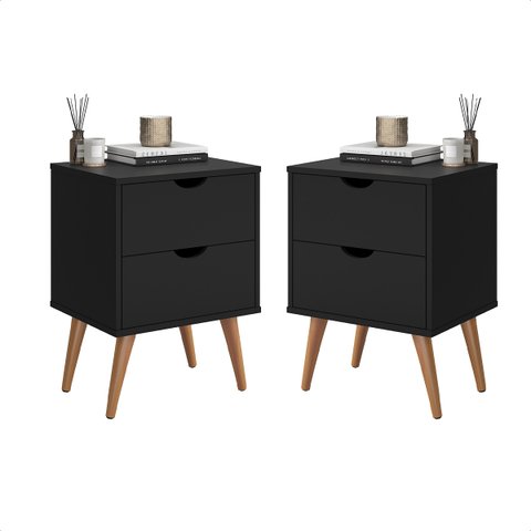Kit 2 Mesa de Cabeceira Retro Madri C/ 2 Gavetas Vintage:preto