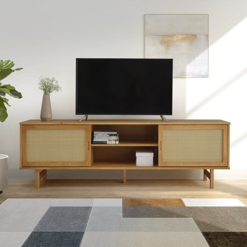 Rack para TV até 85 Polegadas 190cm Pés em Madeira Maciça Rattan CabeCasa MadeiraOriginals Bege Marrom
