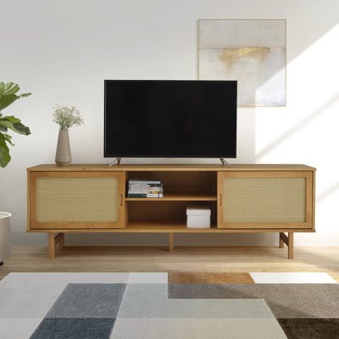 Rack para TV até 85 Polegadas 190cm Pés em Madeira Maciça Rattan CabeCasa MadeiraOriginals Bege Marrom