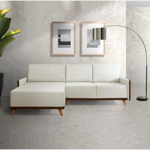 Sofá 4 Lugares com Chaise Lado Esquerdo 258cm Corino Geribá Bege/Marrom