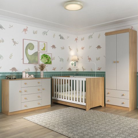 Quarto de Bebê Completo com Berço Americano 3 em 1 Encanto Multimóveis Mp4593 Madeirado/off White