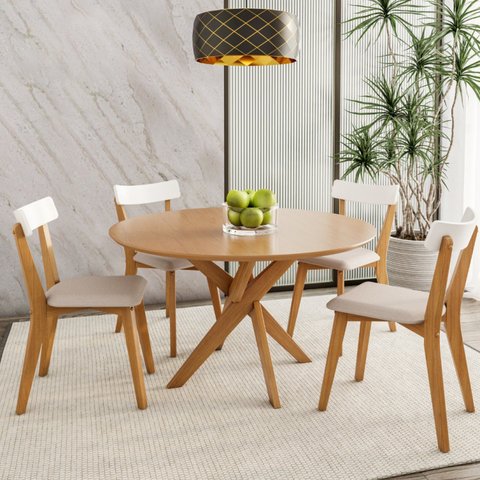 Conjunto Sala de Jantar Mesa Tampo Redondo Madeira Maciça com 4 Cadeiras Rafa Espresso Móveis Marrom