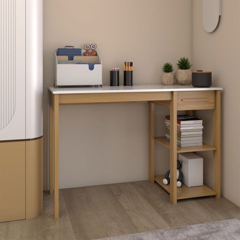 Mesa Escrivaninha Room 1 Gaveta 2 Prateleiras 100% Mdf Branco Brilho/amêndia - Panorama Móveis