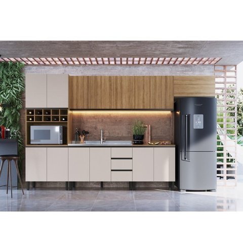 Cozinha Modulada 7 Peças Tampo Aéreo 3 Portas Balcão Paneleiro Araucária Marrom/Montana/Fumê