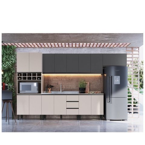 Cozinha Modulada 7 Peças Tampo Aéreo 3 Portas Basculante Balcão Paneleiro Araucária Cinza/Fumê/Grafite