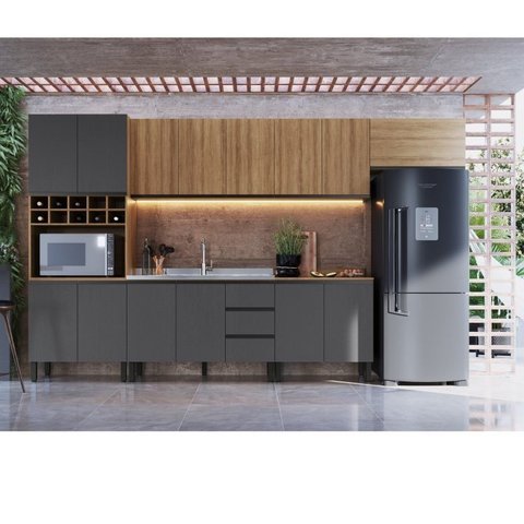 Cozinha Modulada 7 Peças Tampo Aéreo 3 Portas Balcão Paneleiro Araucária Marrom/Montana/Grafite