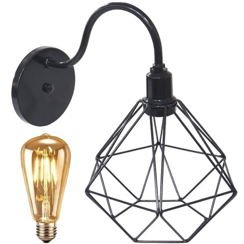Luminária Arandela Parede Aramada Diamante Industrial Retro + Lâmpadas Led Vintage Preto
