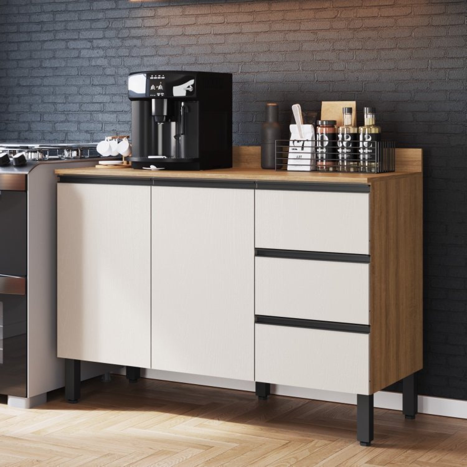 Cozinha Modulada 10 Peças Tampo Aéreo 3 Portas Balcão, Paneleiro Plátano  - 6