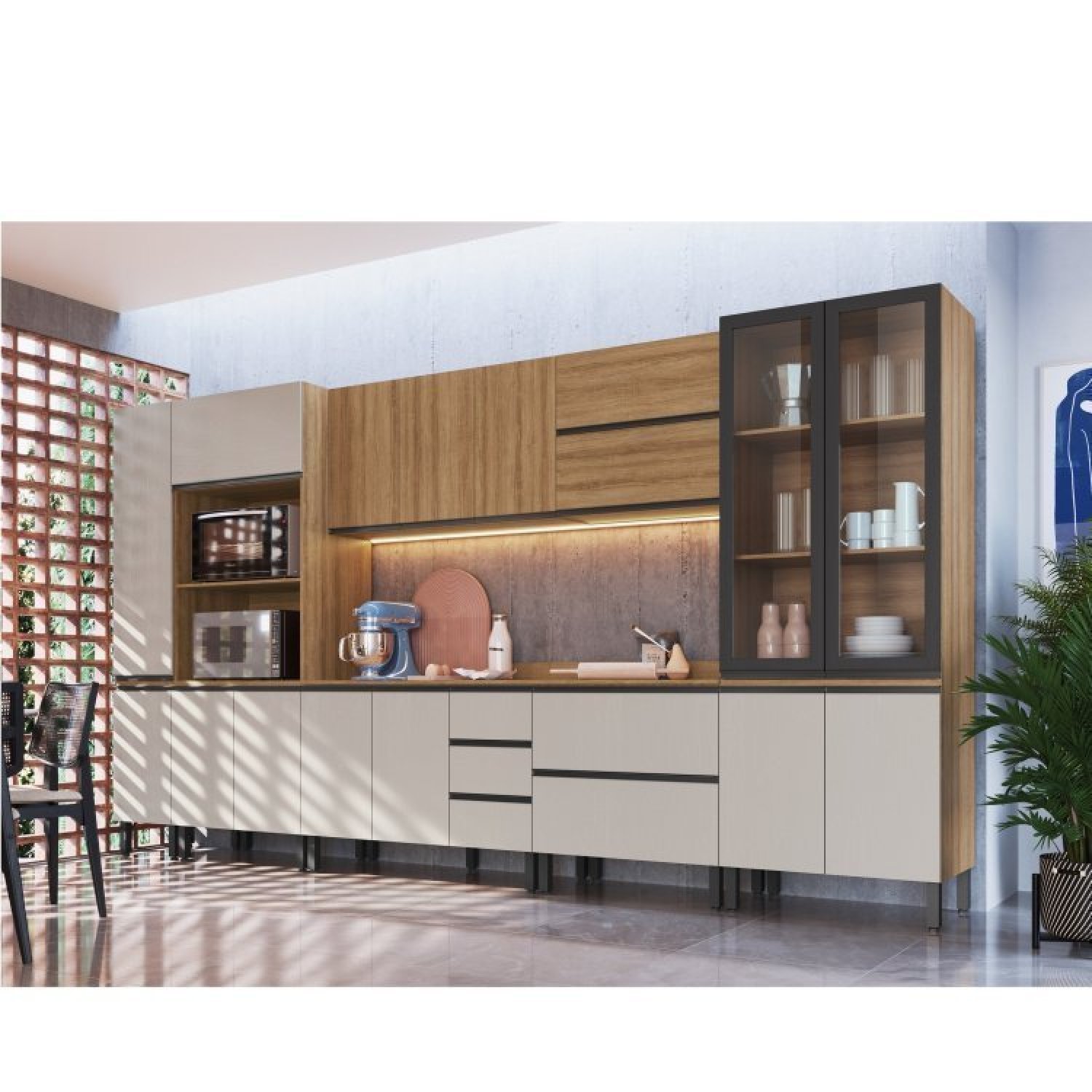 Cozinha Modulada 10 Peças Tampo Aéreo 3 Portas Balcão, Paneleiro Plátano  - 1