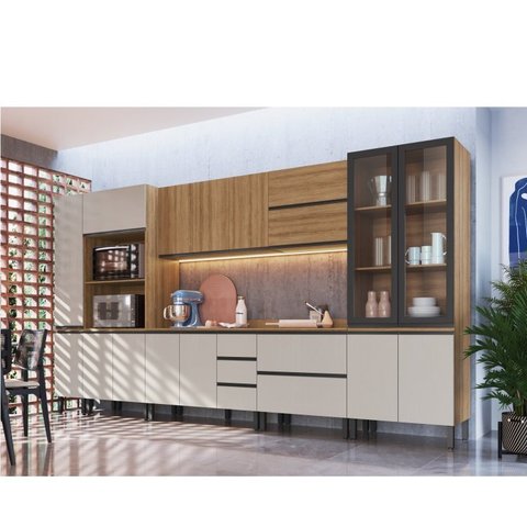 Cozinha Modulada 10 Peças Tampo Aéreo 3 Portas Balcão, Paneleiro Plátano Marrom/Montana/Fumê