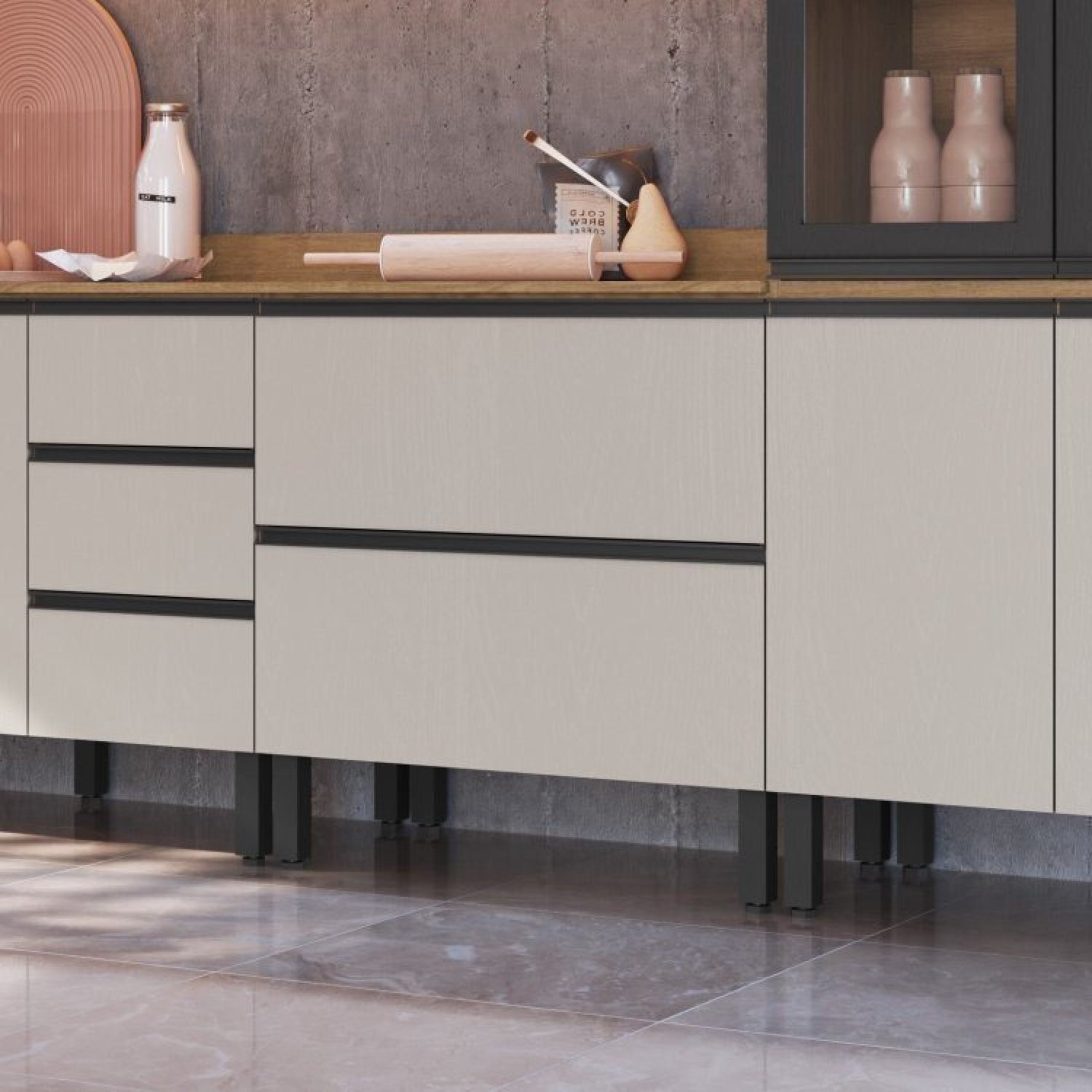 Cozinha Modulada 10 Peças Tampo Aéreo 3 Portas Balcão, Paneleiro Plátano  - 10