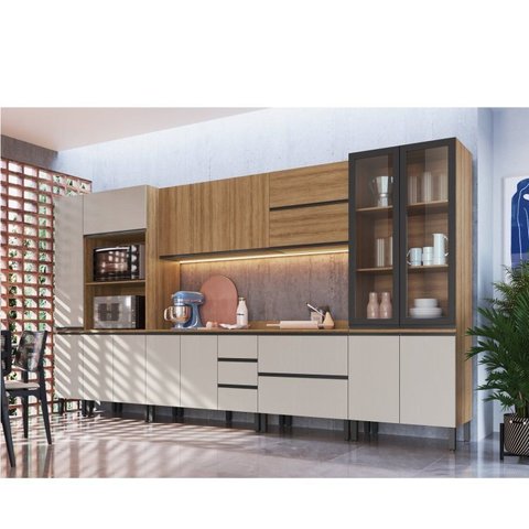 Cozinha Modulada 10 Peças Tampo Aéreo 3 Portas Balcão, Paneleiro Plátano Marrom/Montana/Fumê