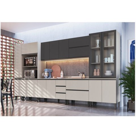 Cozinha Modulada 10 Peças Tampo Aéreo 3 Portas Basculantes Balcão 2 Portas Paneleiro Plátano Cinza/Fumê/Grafite