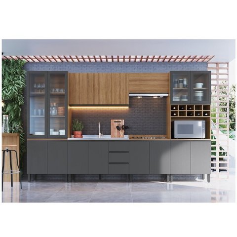 Cozinha Modulada 7 Peças Tampo Aéreo 3 Portas Balcão Paneleiro Cambará Marrom/Montana/Grafite