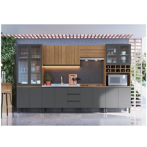 Cozinha Modulada 7 Peças Tampo Aéreo 3 Portas Balcão Paneleiro Cambará Marrom/Montana/Grafite