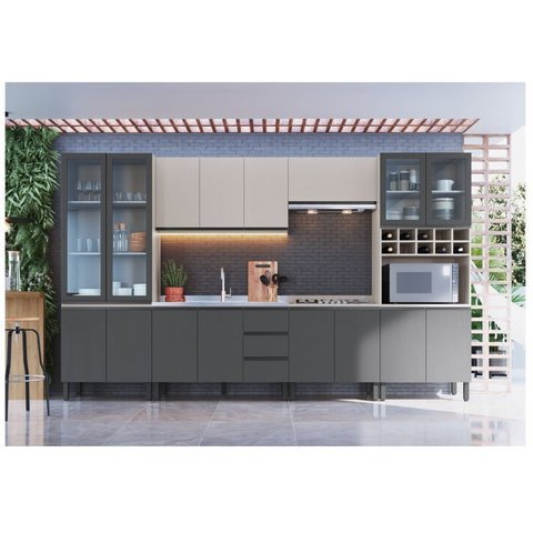Cozinha Modulada 7 Peças Tampo Aéreo 3 Portas Balcão Paneleiro Cambará Cinza/Fumê/Grafite