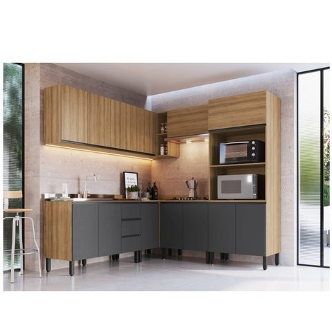 Cozinha Modulada 9 Peças Tampo Aéreo 3 Portas Balcão Canto Paneleiro Angico 