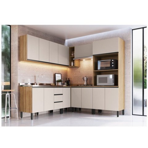 Cozinha Modulada 9 Peças Tampo Aéreo 3 Portas Balcão Canto Paneleiro Angico