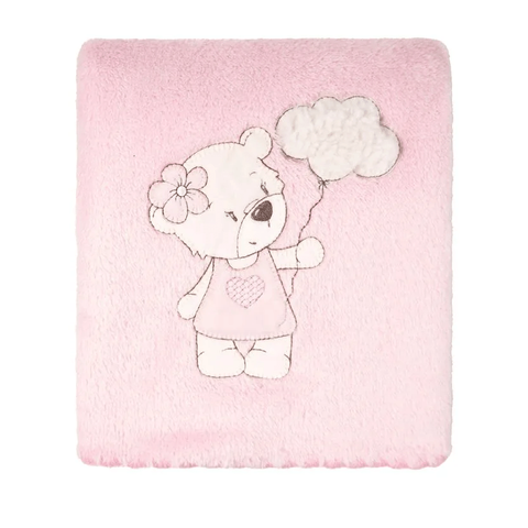Manta Bebe Microfibra Soft Baby Bordada 85 Cm X 1,00 M:ursa Nuvem Rosa