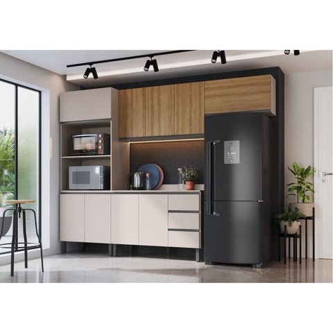 Cozinha Modulada 5 Peças Tampo Aéreo 3 Portas Balcão 2 Portas Paneleiro Cinza/Fumê/Montana