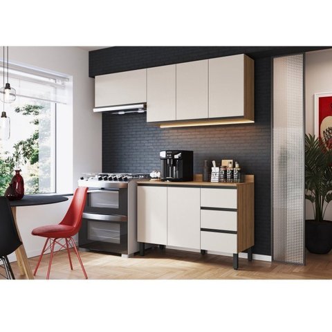 Cozinha Modulada 4 Peças Tampo Aéreo 3 Portas Balcão 2 Portas 3 Gavetas Álamo Marrom/Montana/Fumê