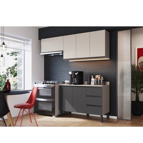 Cozinha Modulada 4 Peças Tampo Aéreo 3 Portas Balcão 2 Portas 3 Gavetas Cinza/Fumê/Grafite