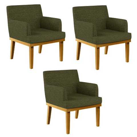 Kit 03 Poltronas Decorativas para Sala de Estar Base Mel Beatriz W01 Linho Verde - Lyam Decor 