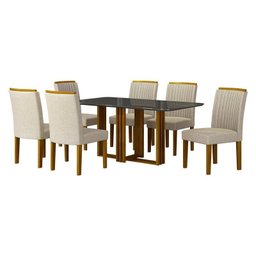 Mesa de Jantar Jade 160x80 Freijó Chumbo com 6 Cadeiras Freijó Linho Palha – Leifer Móveis - 1
