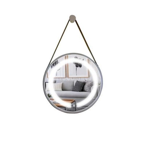 Espelho Redondo 40cm Iluminado 3 Leds Touch Screen com Alça Costurada - Branco Alça Caramelo