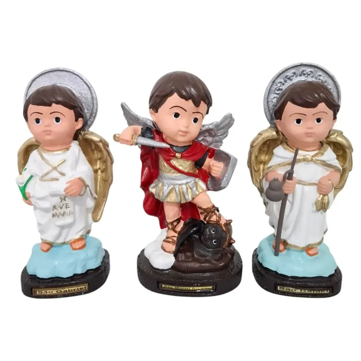 Ver imagem 1 de Kit Trio de Arcanjos São Miguel São Rafael e São Gabriel Infantil de Borracha Inquebrável - 16 cm