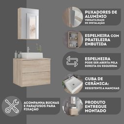 Conjunto Gabinete Banheiro Rubi 60cm - Gabinete + Cuba + Espelheira - Madeirado Inteiro - 7