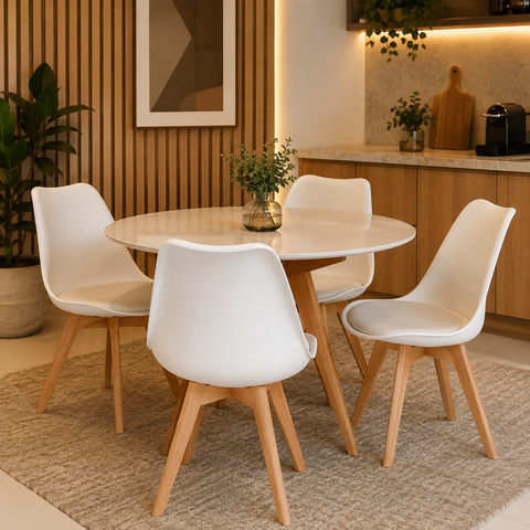 Conjunto Mesa de Jantar Leda 90cm Branca Tampo em MDF com 4 Cadeiras Eames Wood Leda Branca