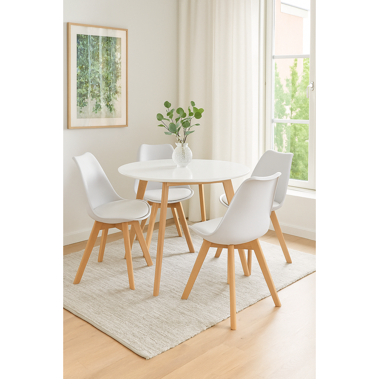 Conjunto Mesa de Jantar Leda 90cm Branca Tampo em Mdf com 4 Cadeiras Eames Wood Leda Branca Conjunto Mesa de Jantar Leda 90cm Branca Tampo em Mdf com 4 Cadeiras Eames Wood Leda Branca