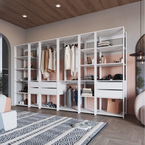 Guarda Roupa Closet 6 Peças com 3 Cabideiros 6 Gavetas 16 Nichos Easy Branco
