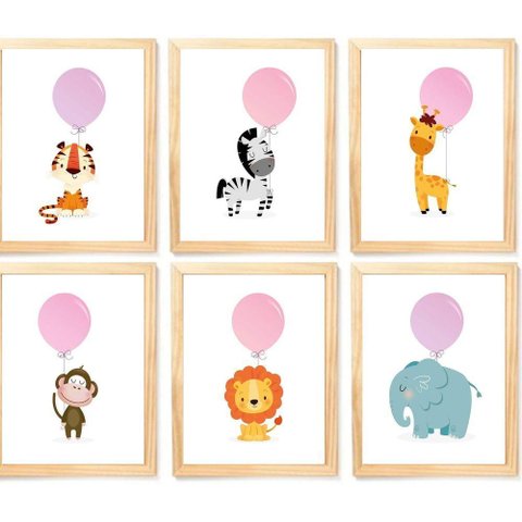 Quadro Infantil Safari Balão 6 Un A4 Vidro e Pendurador
