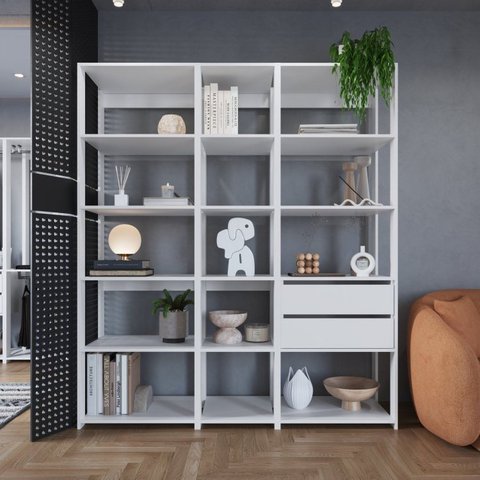 Estante para Livros Modular 3 Peças com 2 Gavetas e 14 Nichos Easy 183cmx160cm Branco