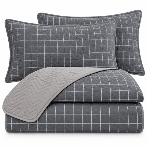 Kit Cobre Leito Floratta Casal Percal 150 Fios Dupla Face Estampado Colcha 3 Peças Listra Cinza